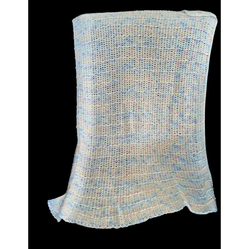 vintage handmade crochet pastel baby blanket pink‎ blue yellow 40x33 Afghan